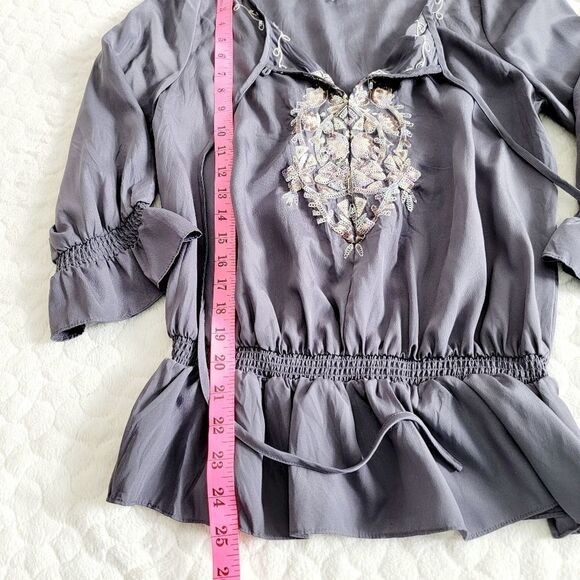 Robbi and Nikki grey boho top 3/4 half sleeves embroidered hippie indie small - Picture 4 of 7